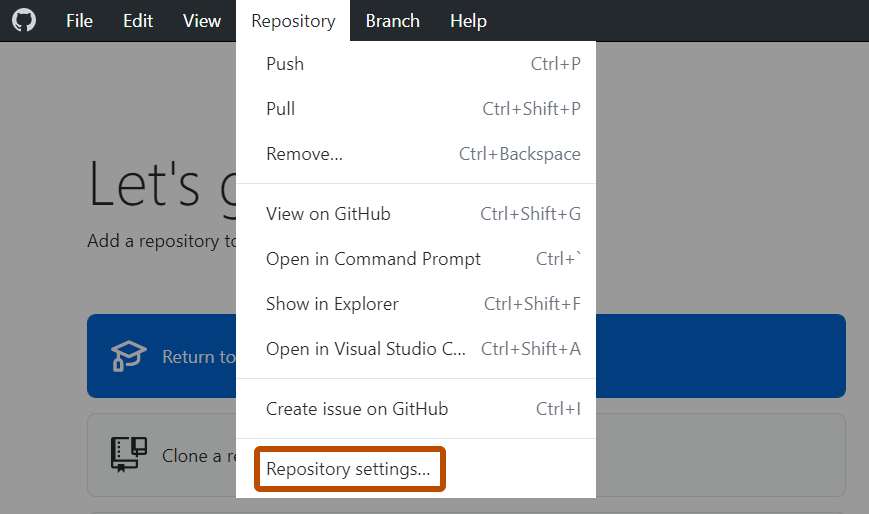 Windows の [GitHub Desktop] メニュー バーのスクリーンショット。 開かれた [Repository] ドロップダウン メニューの [Repository Settings] がオレンジ色の枠線で囲まれています。