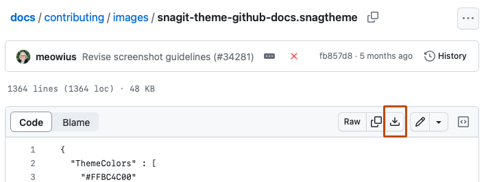 "snagit-theme-github-docs.snagtheme" のファイル ビューのスクリーンショット。 ファイルのヘッダーにある、ダウンロード アイコンが付いたボタンがオレンジ色の枠線で囲まれています。