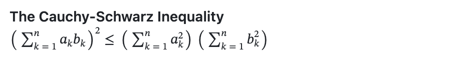 Captura de tela do Markdown renderizado mostrando uma equação complexa. O texto em negrito diz "The Cauchy-Schwarz Inequality" acima da fórmula para a desigualdade.