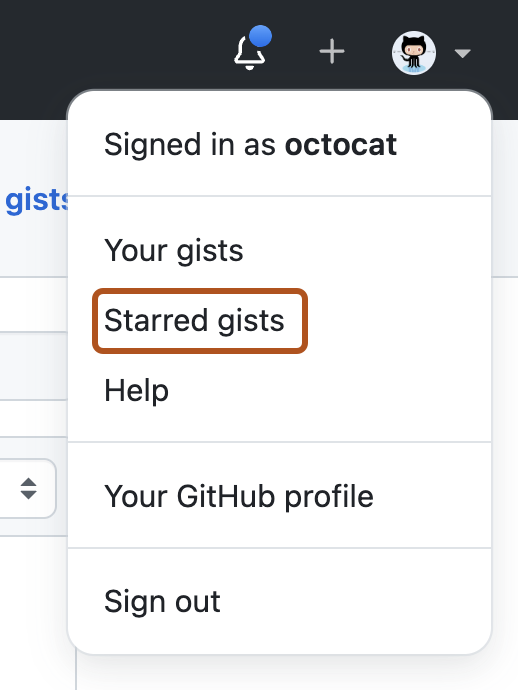 Captura de tela do menu da conta de usuário. O item de menu "Gists marcados como favoritos" com o contorno em laranja-escuro.