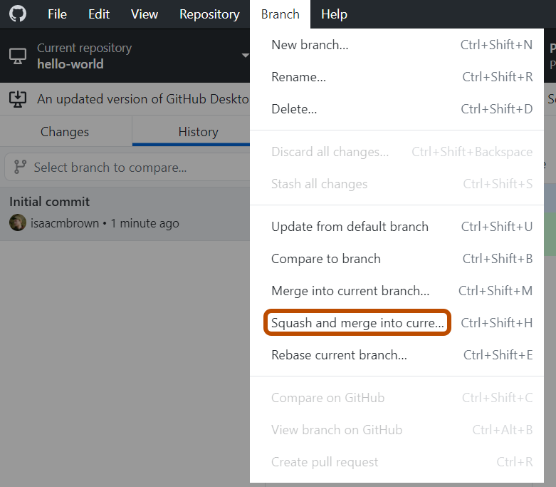 Screenshot of the "GitHub Desktop" menu bar on Windows. In the "Branch" dropdown menu, the "Squash and merge into curre..." option is outlined.