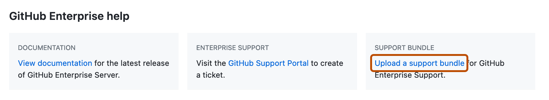 Captura de pantalla de la sección "Ayuda de GitHub Enterprise" de la página de configuración empresarial. El vínculo "Cargar un paquete de soporte técnico" está resaltado en naranja.