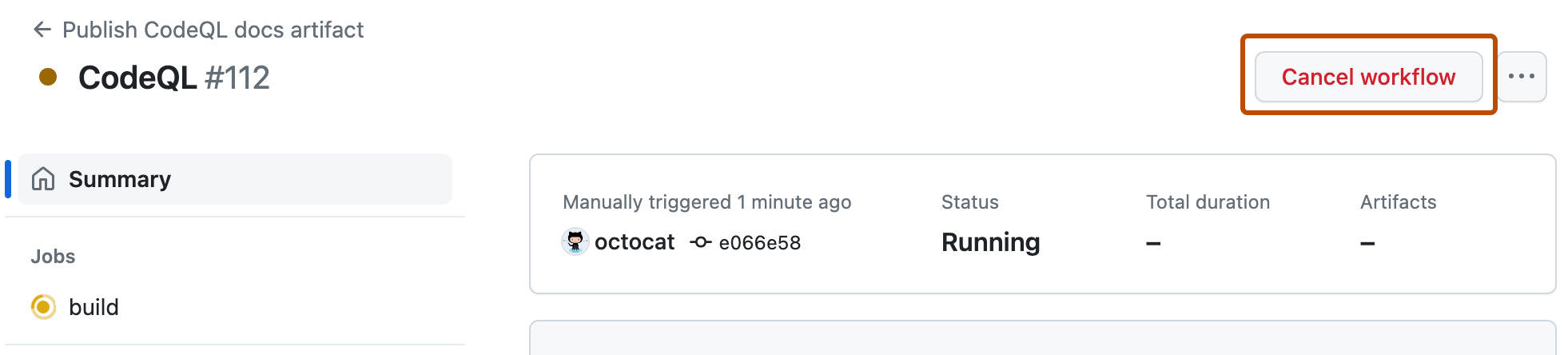 显示当前正在运行的工作流摘要的屏幕截图。 “取消工作流”按钮以深橙色轮廓突出显示。