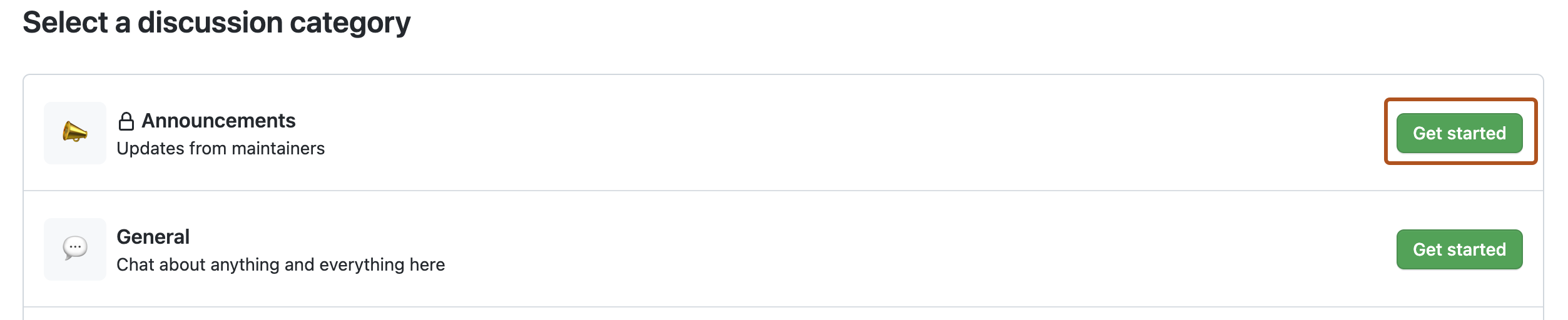 Screenshot of the "Select a discussion category" page. A button, labeled "Get started", is outlined in dark orange.