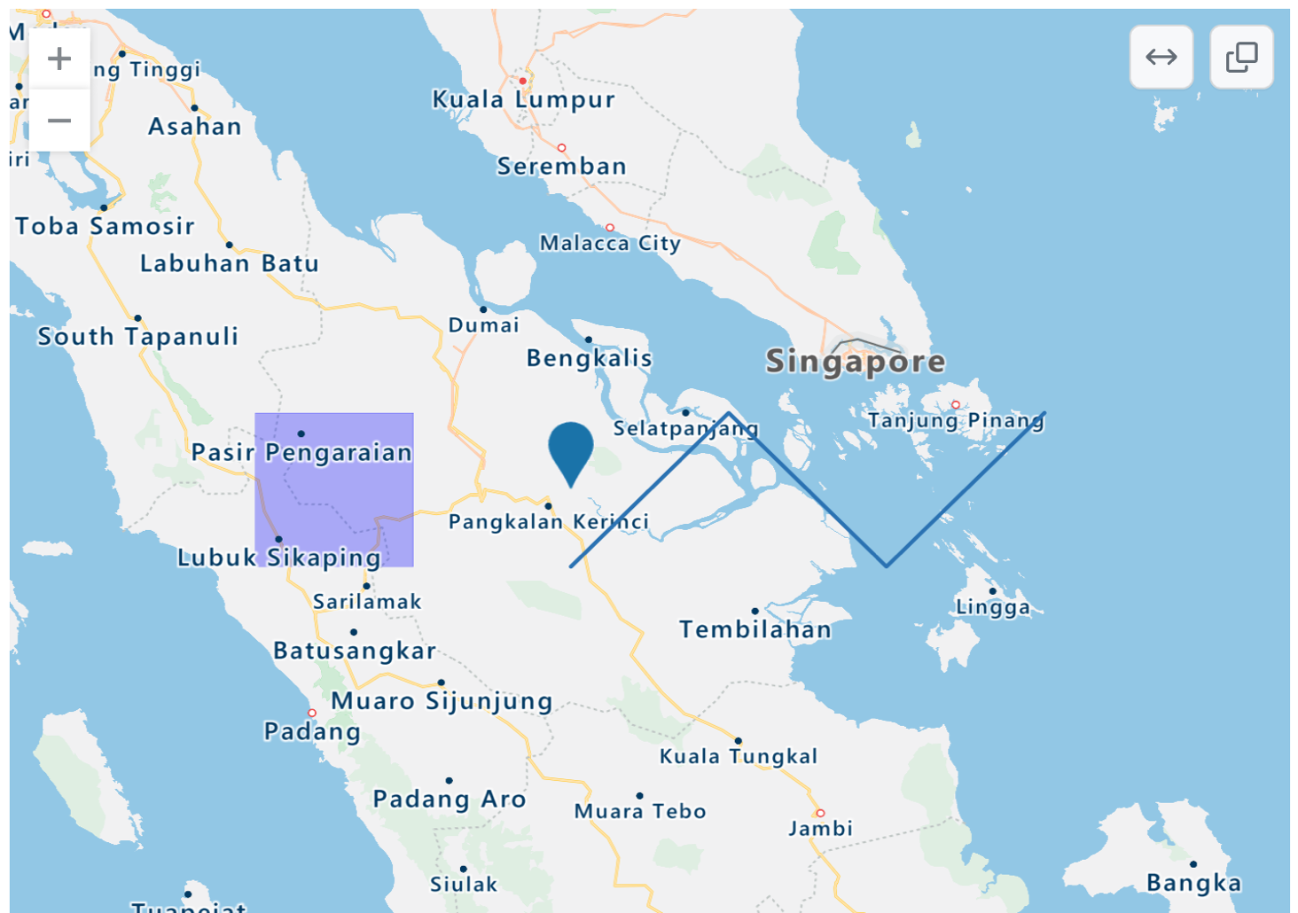 呈现的印度尼西亚、新加坡和马来西亚的 TopoJSON 地图的屏幕截图，其中包含蓝点、紫色矩形覆盖和蓝色曲折线。