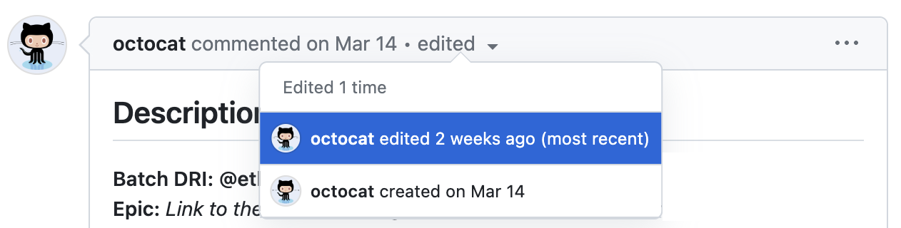 GitHub コメントのスクリーンショット。ドロップダウン メニューが開き、コメントの以前の編集内容が表示されています。