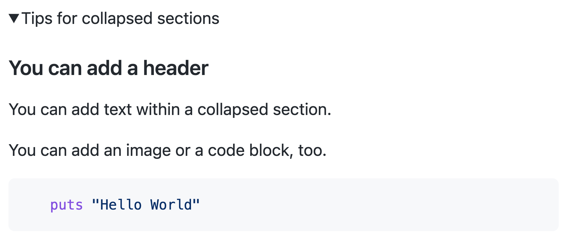 Capture d'écran du Markdown ci-dessus sur cette page tel que rendu sur GitHub. La section réduite contient des en-têtes, du texte, des images et des blocs de code.