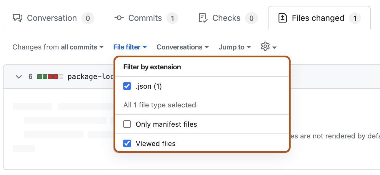 Screenshot of the file filter dropdown menu. The menu is expanded and outlined in dark orange.