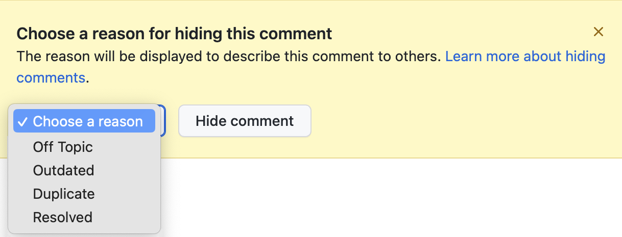 Screenshot of a comment showing a menu to select a reason to hide the comment: Off Topic, Outdated, Duplicate, or Resolved.