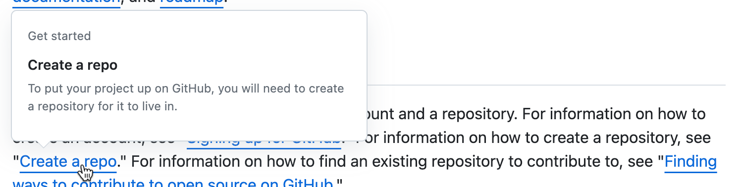 GitHub Docs に関する記事の一部のスクリーンショット。 記事へのリンクの上にカーソルを置くと、ホバー カードが表示されます。