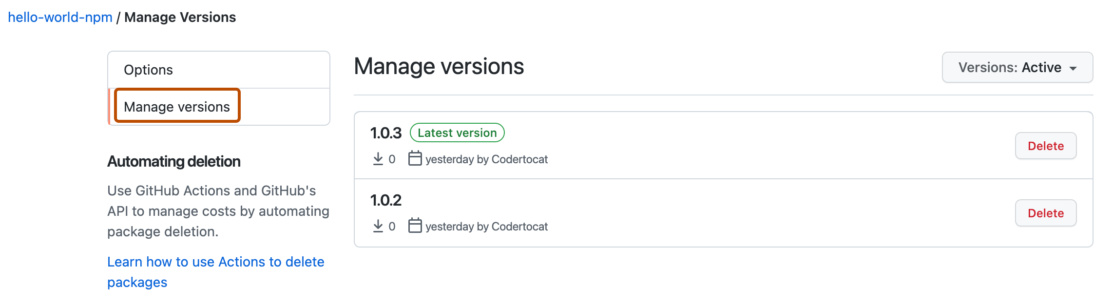 Screenshot of a package's "Manage versions" menu. In the lower right corner, "Manage versions" is highlighted with an orange outline.