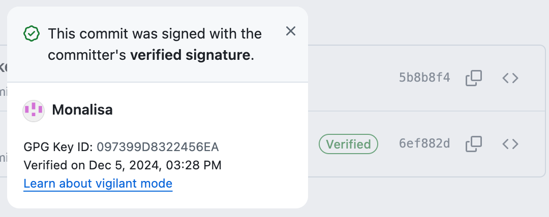 Screenshot of a list of commits. One commit is marked as "Verified." A dropdown shows the commit was signed and when it was signed.