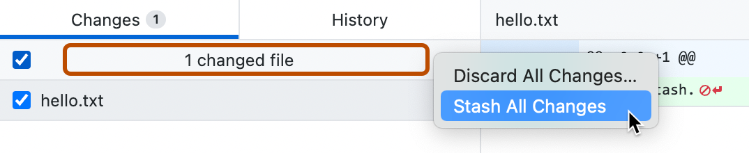 Capture d'écran de l'onglet « Modifications ». L’en-tête indique « 1 fichier modifié » et est mis en évidence en orange. L’option « Remiser (stash) toutes les modifications » est mise en évidence dans un menu contextuel.