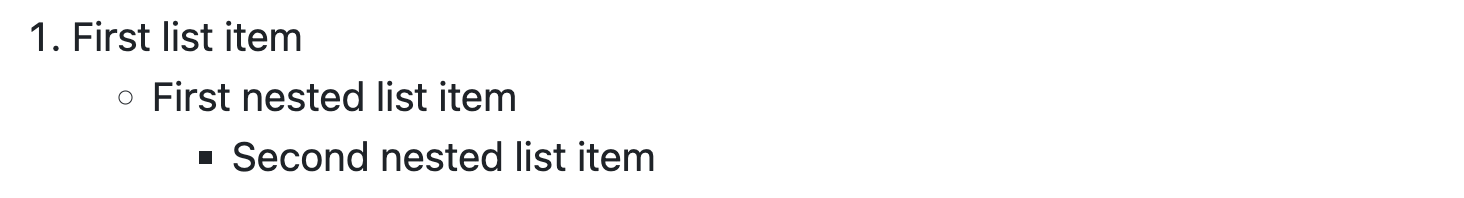Capture d’écran du rendu de Markdown GitHub montrant un élément numéroté suivi d’un élément à puces imbriqué d’un niveau à droite et d’un autre élément à puces imbriqué encore plus à droite.