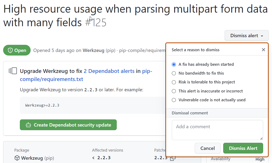 Screenshot of a Dependabot alert page, with the "Dismiss" dropdown and the option to add a dismissal comment outlined in orange.