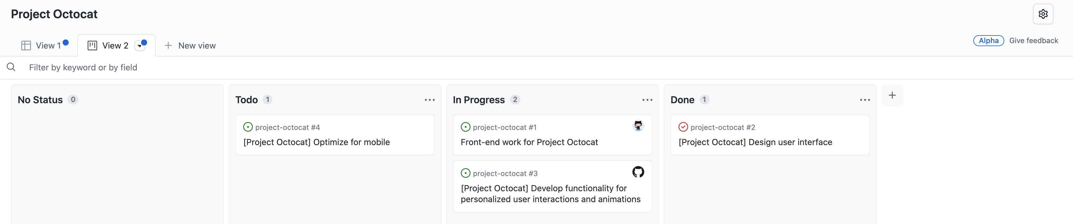 Screenshot of the board view of a project, with issues organized into columns for "No Status," "Todo," "In Progress," and "Done."