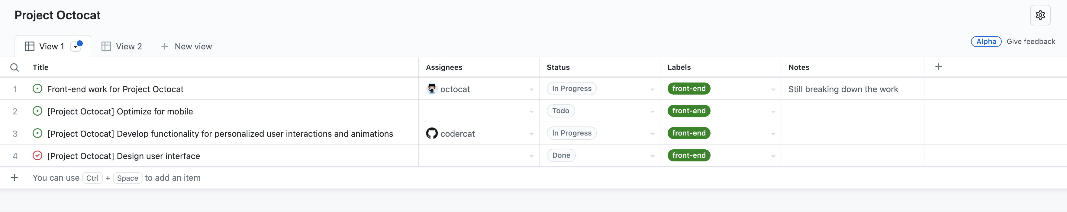 Screenshot of the table view of a project, containing a list of issues, with columns for "Title," "Assignees," "Status," "Labels," and "Notes."