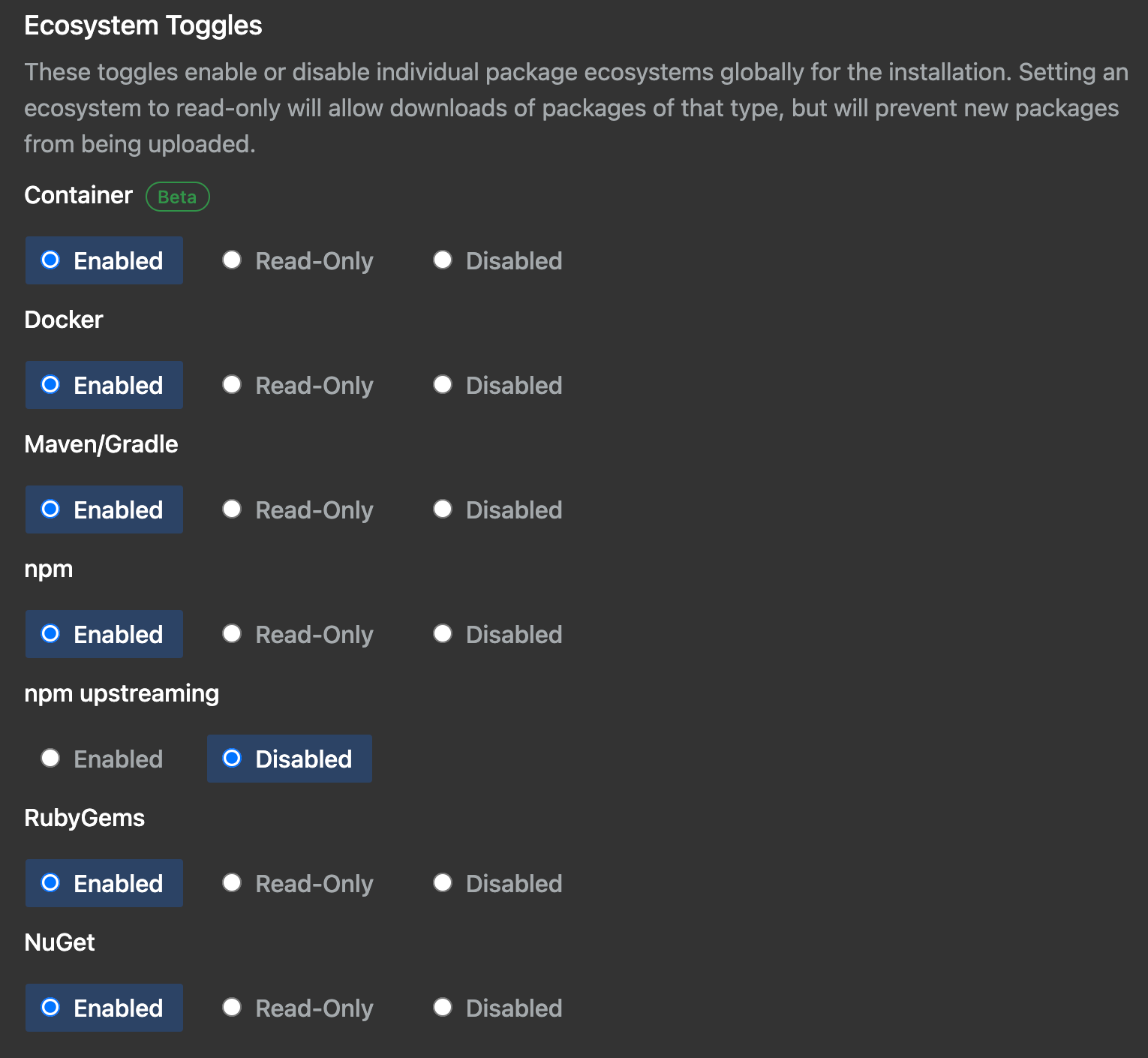 Screenshot: Abschnitt „Ecosystem toggles“ auf der Seite „Settings“ der Verwaltungskonsole