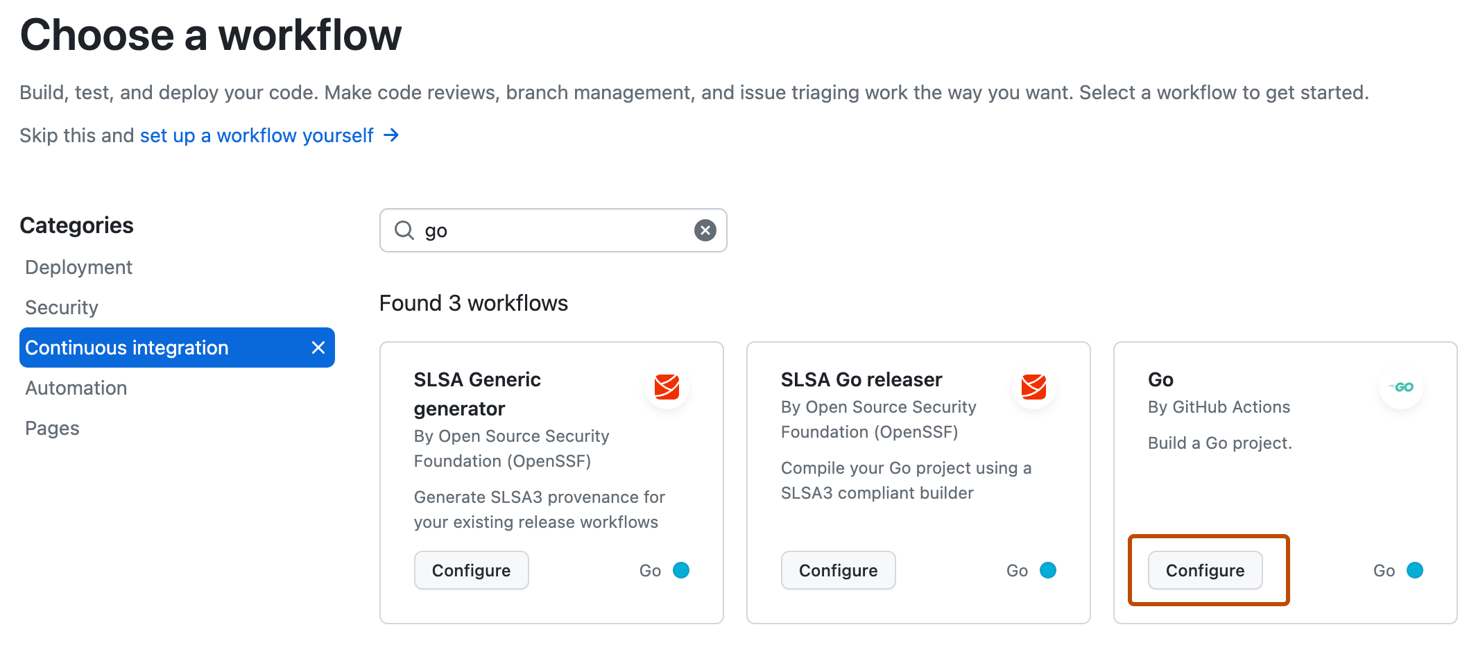 Screenshot of the "Choose a workflow" page. The "Configure" button on the "Go" workflow is highlighted with an orange outline.