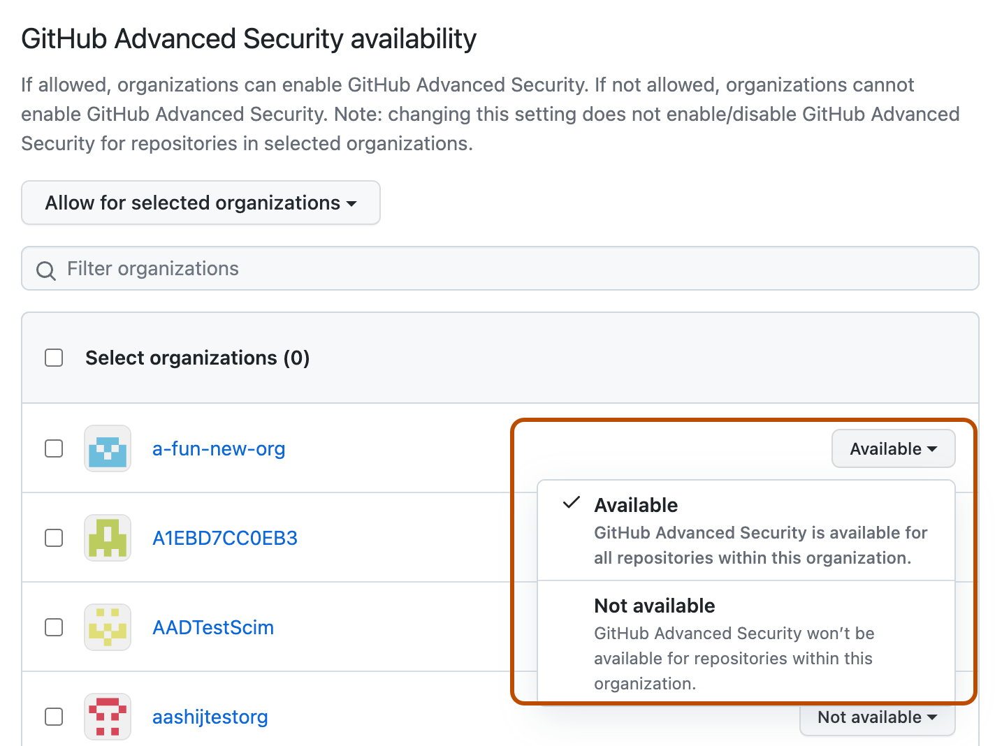 Screenshot of the dropdown menu to choose a Advanced Security policy for selected organizations in the enterprise. The dropdown is outlined.