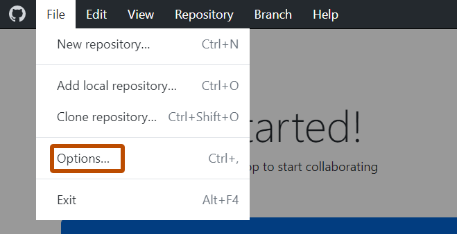 Capture d’écran de la barre de menus « GitHub Desktop » sur Windows. Dans le menu déroulant développé « Fichier », l'élément « Options » est mis en évidence en orange.