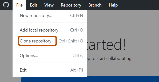 Screenshot of the "GitHub Desktop" menu bar on Windows. The "File" dropdown menu is expanded, and the "Clone Repository" option is outlined in orange.