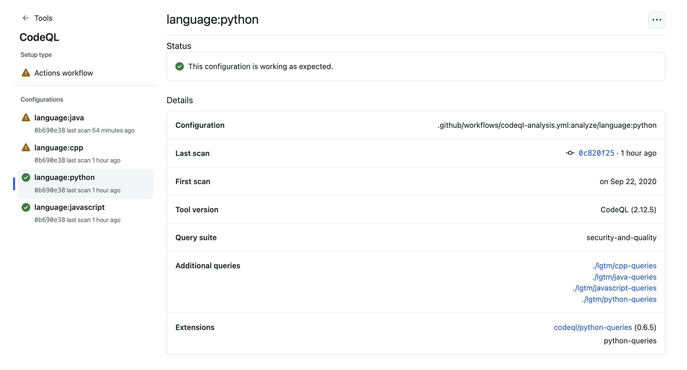 Screenshot showing detailed information about CodeQL in the tool status page.