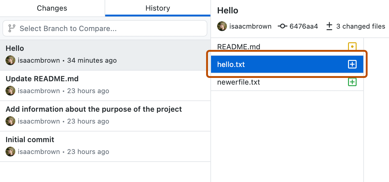 Capture d’écran d’une vue de commit. À droite de l’onglet « Historique », le fichier « hello.txt » est sélectionné dans une liste et mis en évidence par un contour orange.