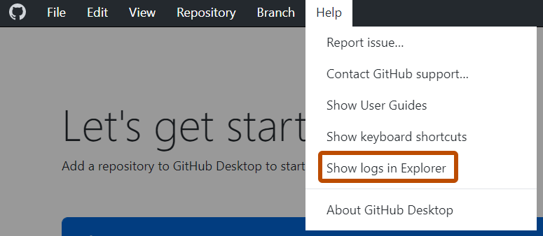 Windows의 "GitHub Desktop" 메뉴 모음 스크린샷입니다. 확장된 "Help" 드롭다운 메뉴에서 "Show Logs in Explorer"가 주황색 윤곽선으로 표시됩니다.