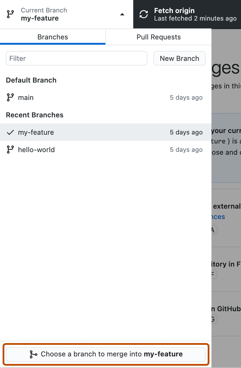 Screenshot der Dropdownansicht „Aktueller Branch“. Unter einer Branchliste ist eine Schaltfläche „Choose a branch to merge into my-feature“ orange umrandet.