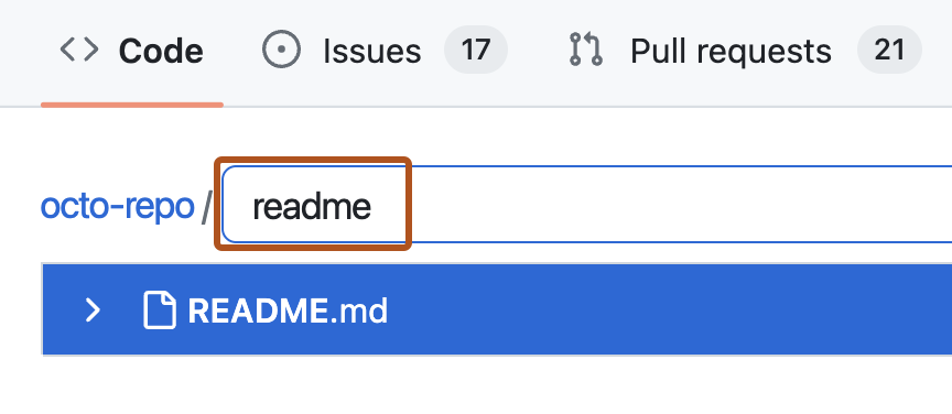 リポジトリ ファイルの検索バーのスクリーンショット。 検索バーには "readme" という用語があります。 "README.md" を含む結果が検索バーの下に表示されています。