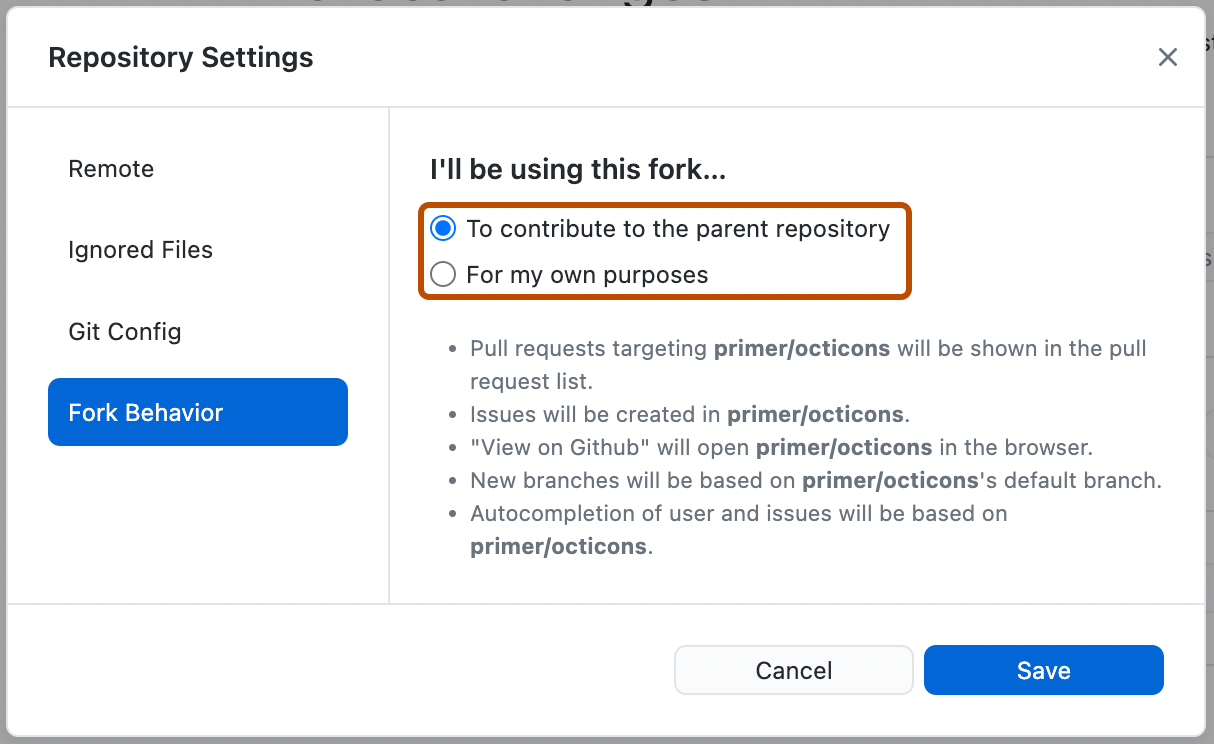 Capture d’écran du volet « Comportement de la duplication ». Deux boutons radio, « Pour contribuer au référentiel parent » et « Pour mes propres besoins », sont mis en évidence en orange.