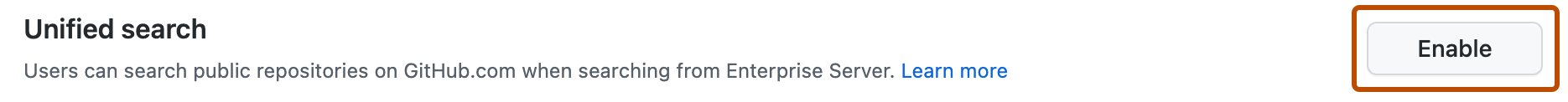 Screenshot of the "Unified search" for public repositories option. The "Enable" button is outlined in orange.