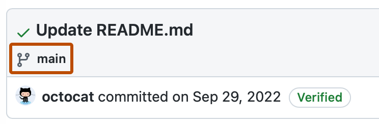 Screenshot of a commit summary. A branch icon and "main" are highlighted with an orange outline.