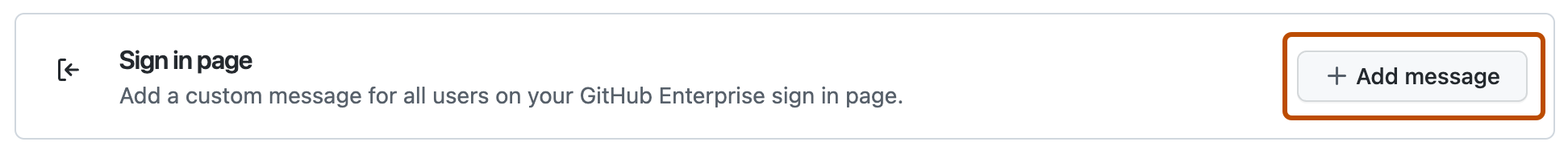 Screenshot of the "Sign in page" section of the "Messages" settings. A button, labeled with a plus icon and "Add message", is outlined.