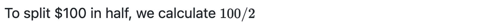 Recorte de pantalla del Markdown representado en el que se muestra cómo las etiquetas de intervalo alrededor de un signo de dólar muestran el signo como texto insertado, no como una ecuación matemática.