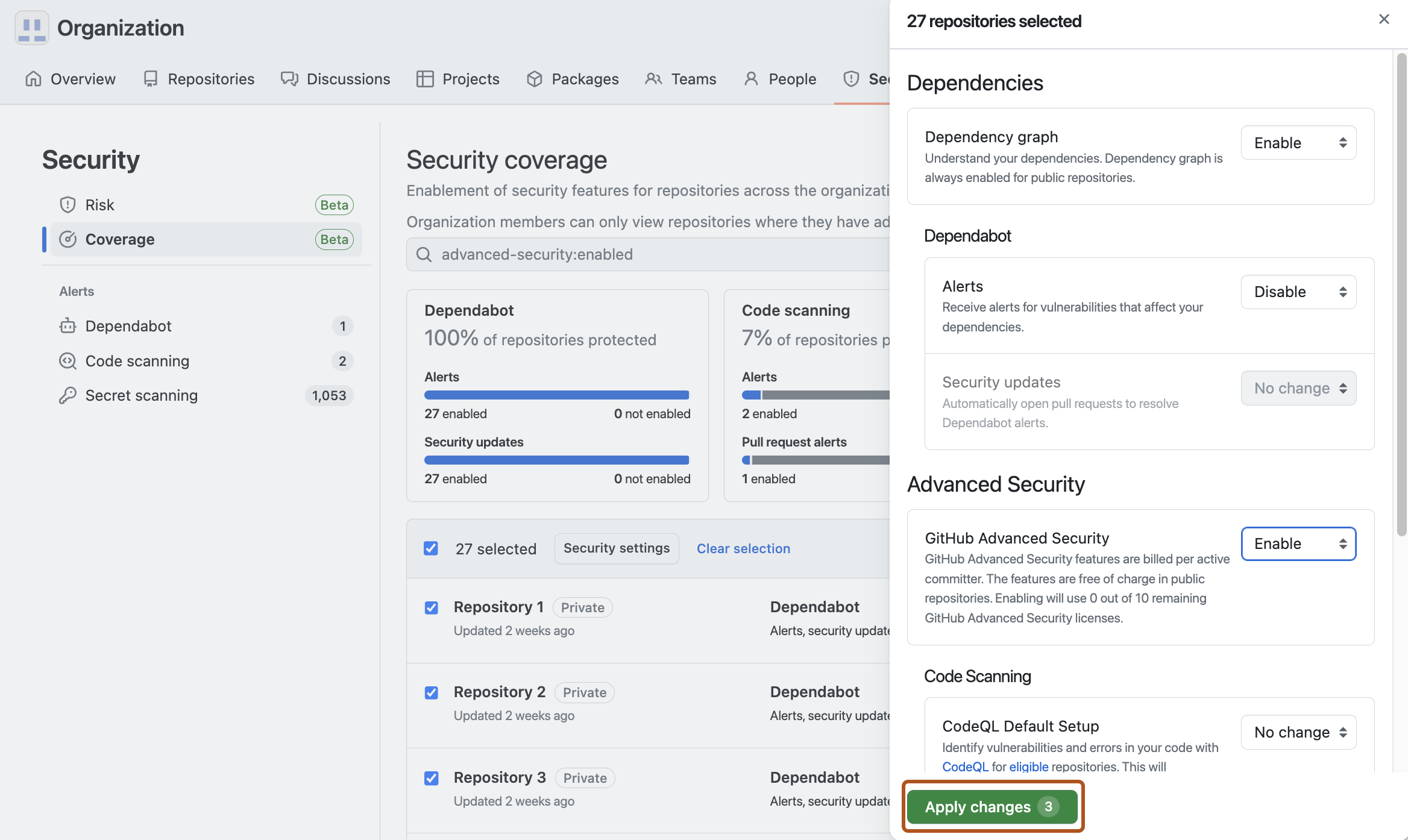 Screenshot of the "Security coverage" view with the side panel open. The "Apply changes" button is highlighted in a dark orange outline.