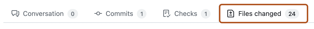 Screenshot of the tabs for a pull request. The "Files changed" tab is outlined in dark orange.