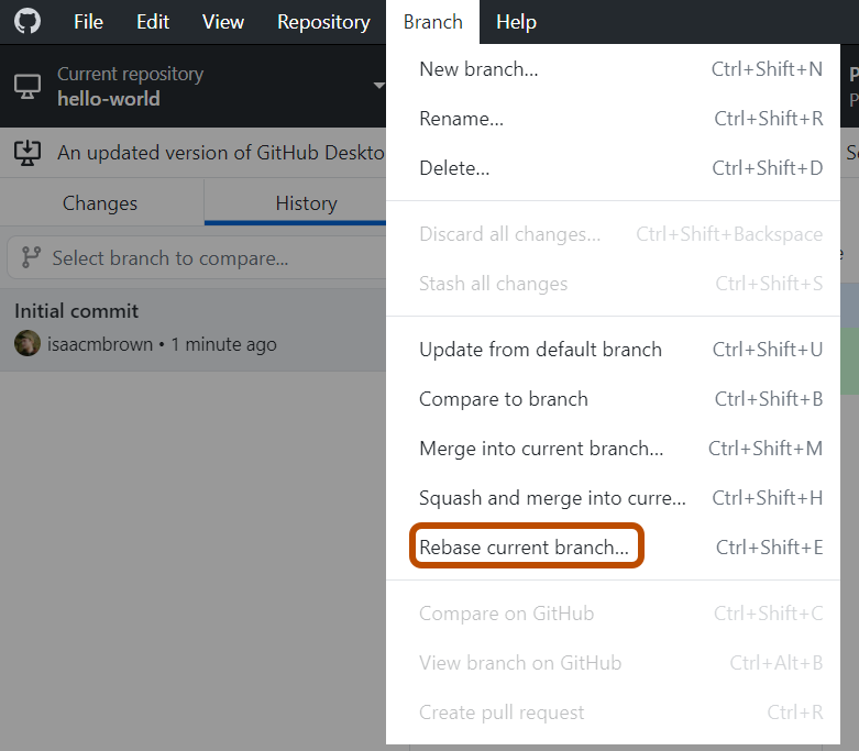 Screenshot der Menüleiste „GitHub Desktop“ unter Windows. Im Dropdownmenü „Branch“ ist die Option „Rebase Current Branch“ orange umrandet.