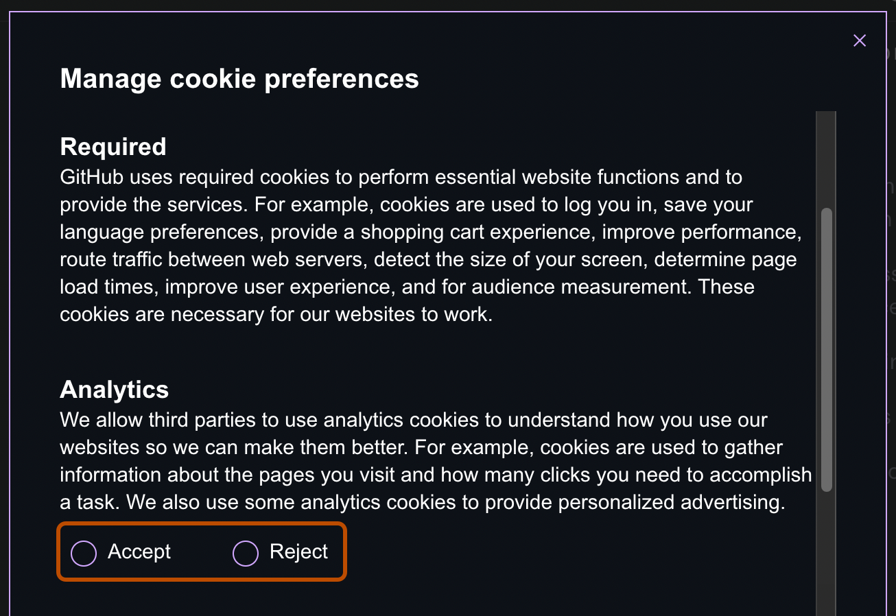 Screenshot of the "Manage cookie preferences" dialog. Under "Analytics", two radio buttons, labeled "Accept" and "Reject," are outlined.