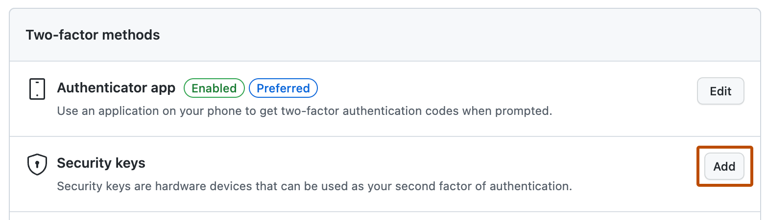 Screenshot of the "two-factor methods" section of the 2FA settings. A gray button labeled "Add" is outlined in orange.