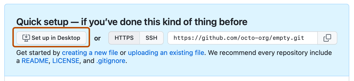 Screenshot of the quick setup notes for an empty repository. The "Set up in Desktop" button is outlined in dark orange.