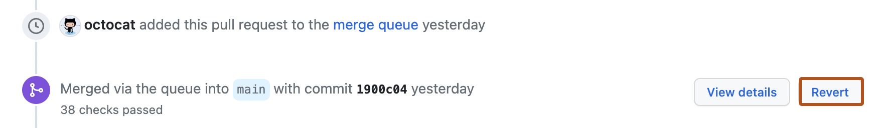 Screenshot of a pull request's timeline. The "Revert" button is outlined in dark orange.