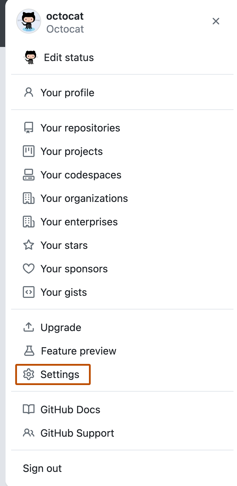 Screenshot of a user's account menu on GitHub. The menu item "Settings" is outlined in dark orange.