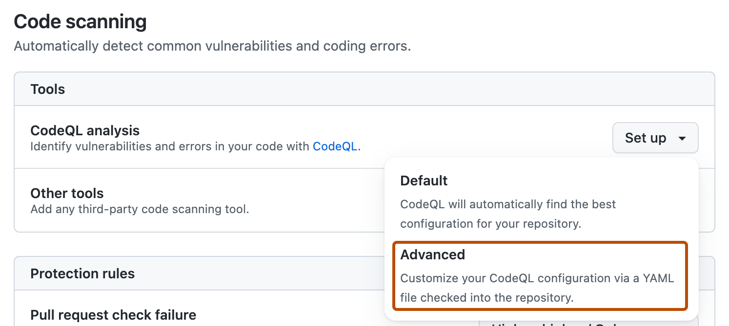 Screenshot of the "Code scanning" section of "Code security and analysis" settings. The "Advanced setup" button is highlighted with an orange outline.