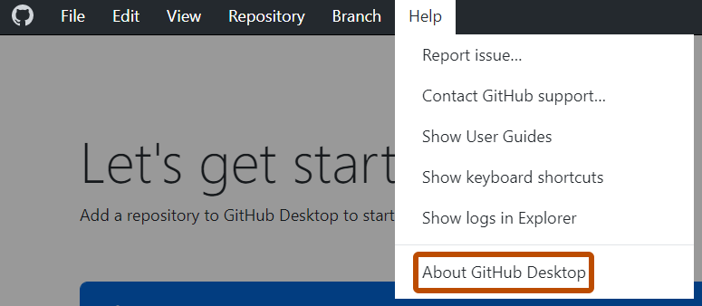 Screenshot der Menüleiste „GitHub Desktop“ unter Windows. Im geöffneten Dropdownmenü „Help“ wird die Option „About GitHub Desktop“ orange umrandet.