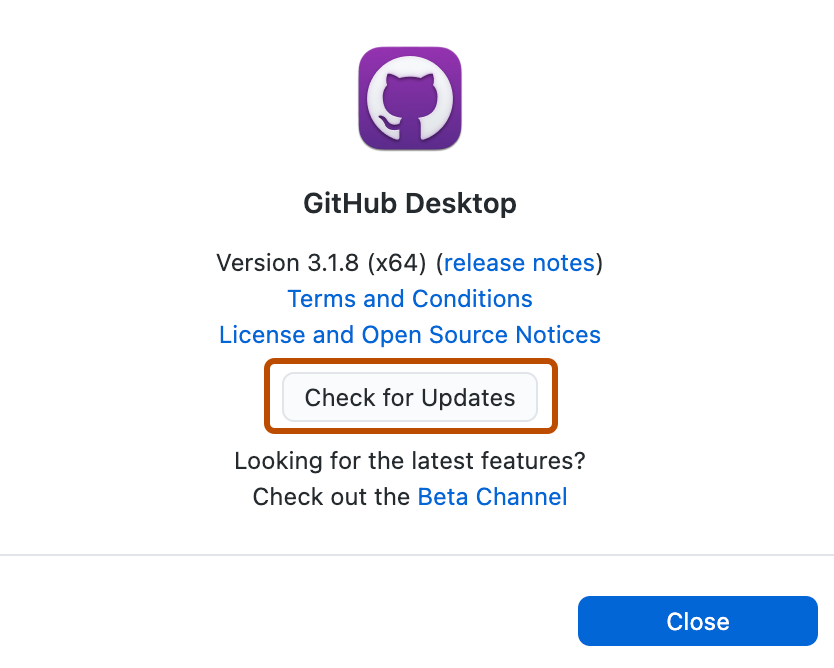 Screenshot des Fensters „GitHub Desktop“. Unter den Versionsdetails und Links zu externen Ressourcen ist die Schaltfläche „Check for Updates“ orange umrandet.