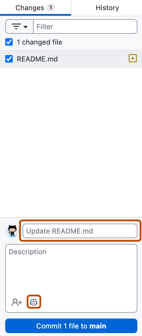 "Changes" 탭의 스크린샷 "Summary" 필드와 "Generate commit message with Copilot" 단추는 주황색 윤곽선으로 표시됩니다.
