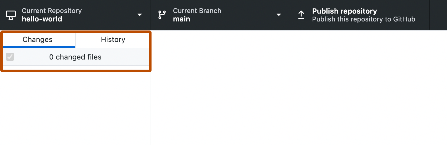 GitHub Desktop 앱의 스크린샷입니다. 왼쪽의 사이드바에는 "Changes" 및 "History"라는 레이블이 지정된 탭이 주황색 윤곽선으로 표시됩니다.