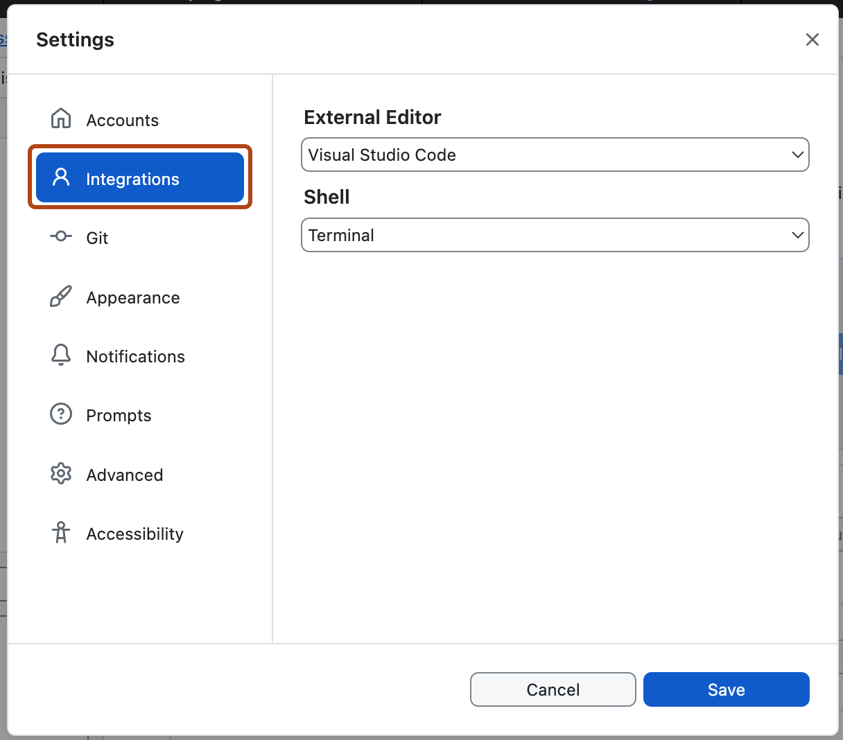 Screenshot: Fenster „Einstellungen“. In der linken Seitenleiste ist die Option „Integrationen“ blau hervorgehoben und orange umrandet.